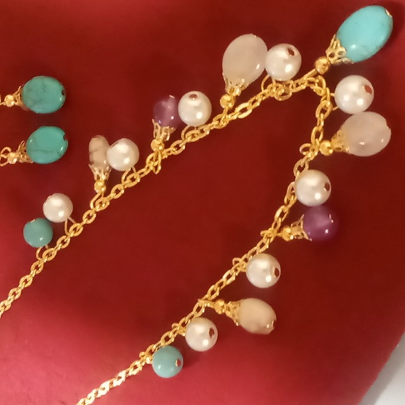 Necklace & earrings marble glass beaded gold tone .16+2 inches long nwt - Picture 2 of 10